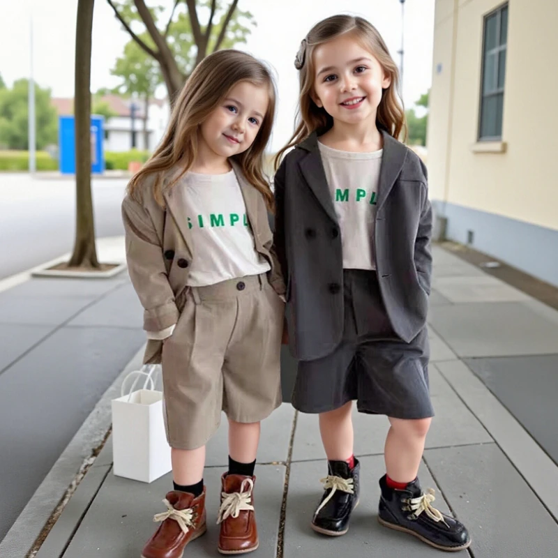 

Школьный костюм для мальчиков и девочек, весенне-летний повседневный пиджак, шорты, комплект из 2 предметов, детский формальный комплект, свободные универсальные детские костюмы для выступлений