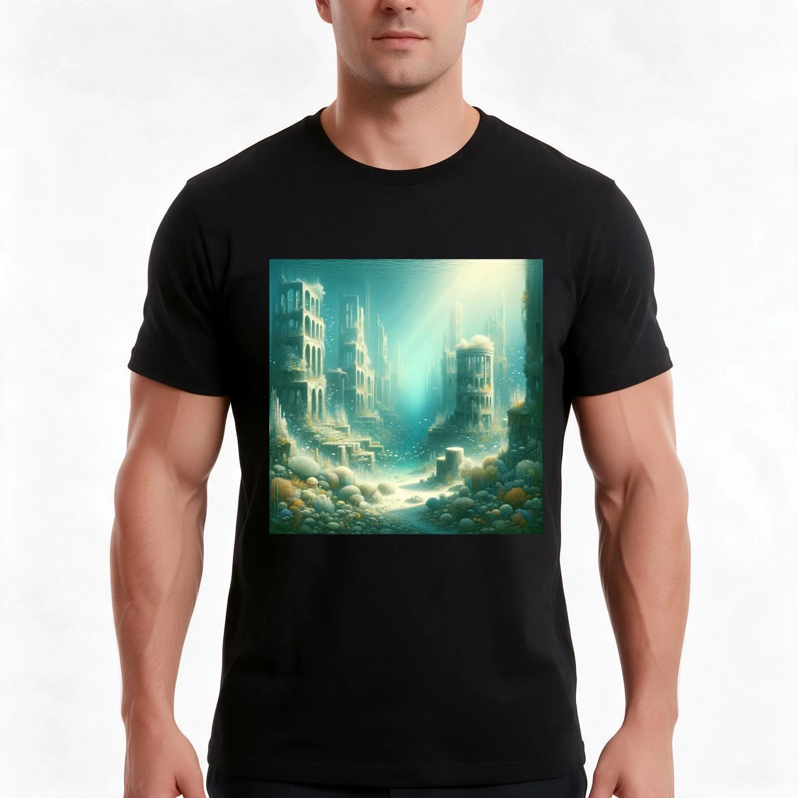 Post Apocalyptical Cityscape Underwater #2 T-Shirt, Summer Casual Cotton Tee, Oversized Streetwear Tops, Vintage Graphic Print