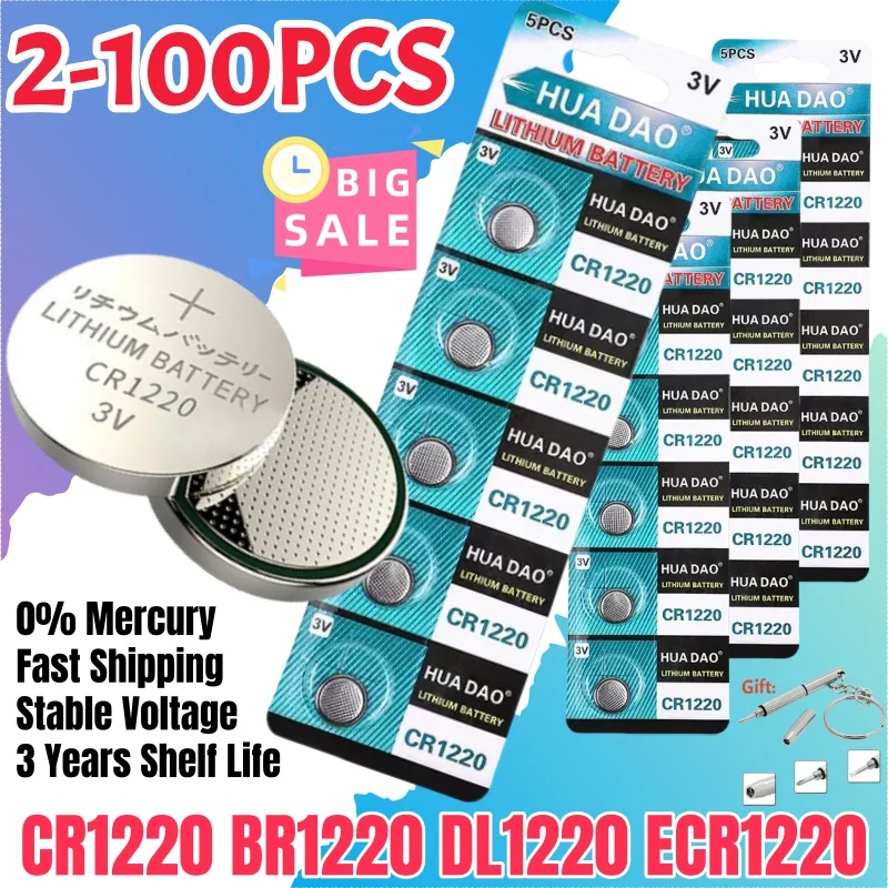 UIKGF 3V CR1220 Button Coin Cell Battery for Watch Car Remote Key CR 1220 ECR1220 GPCR1220 5012LC 3V Lithium Batteies