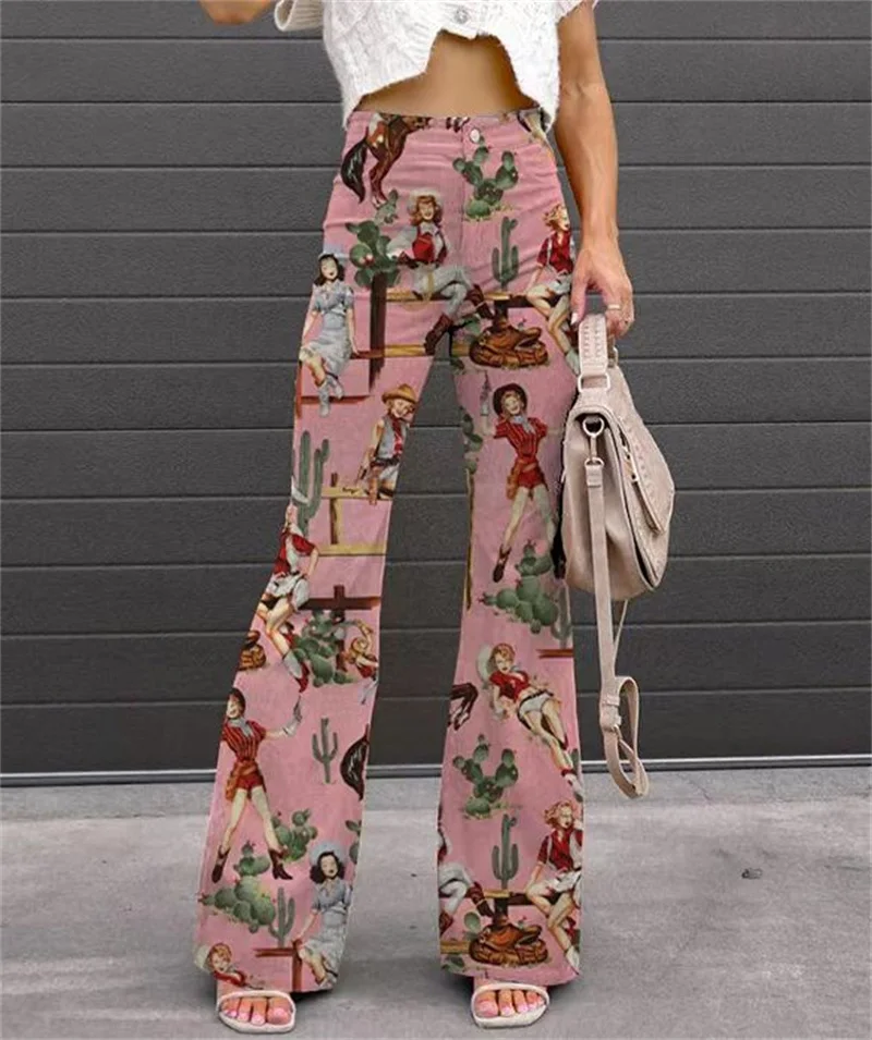 3D printed pattern imitation jeans women's imitation jeans straight leg pants washed high waisted loose casual pocket pants