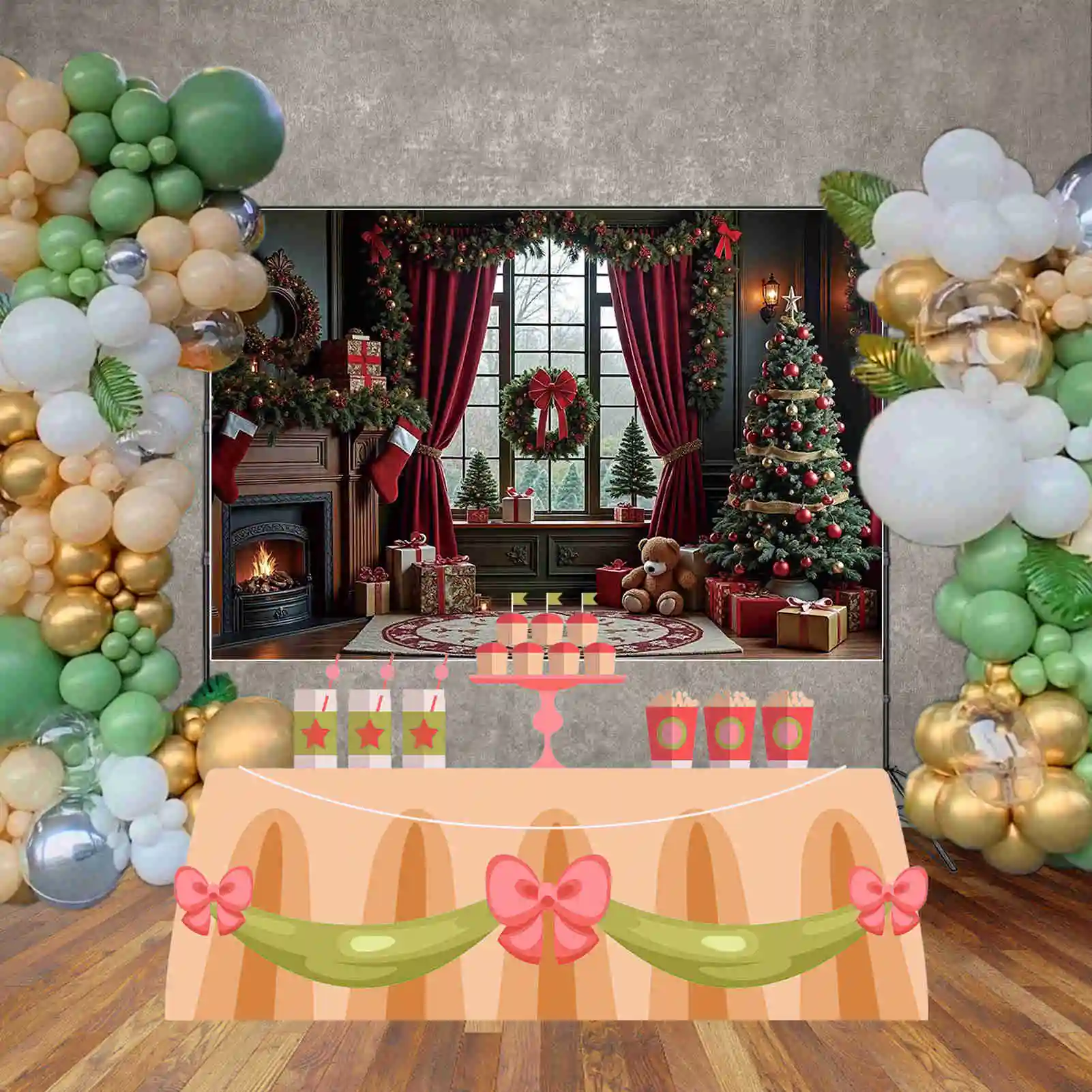 MOON.QG 크리스마스 커튼 테디 베어 사진 배경 나무 공 벽난로 사진 배경 아기 스튜디오 Photocall 용품