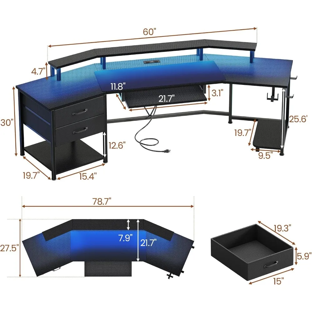 مكتب ألعاب على شكل حرف U مع أدراج قماشية، وشريط طاقة، وأضواء LED، وتخزين لإعدادات الكمبيوتر الطويلة #2