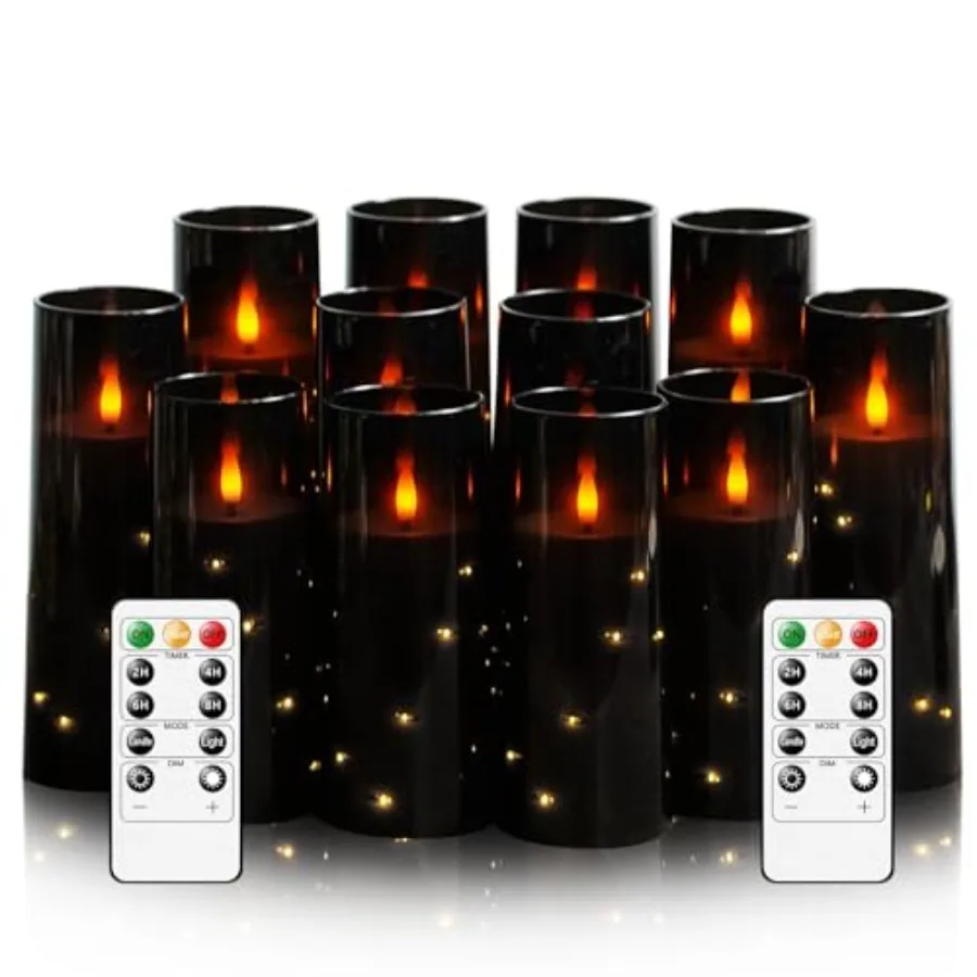 

Flameless Candles with Embedded Star String - Battery Operated LED Candles with Remote 12 Black Flickering Candles for Christma