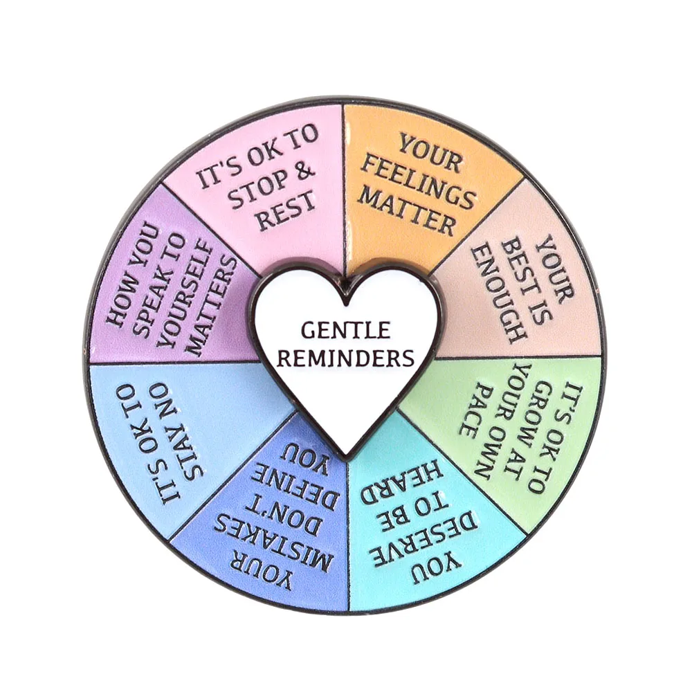 Broche rotative en émail en forme de cœur, rappels doux, affirmation positive, broche tournante, sensibilisation à la santé mentale, épinglette, cadeau pour un ami