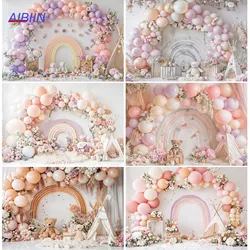 AIBIIN Cake Smash Photography Background Bear Flowers Rainbow Arch Wall Portrait Backdrop Kids Birthday Baby Shower Party Decor