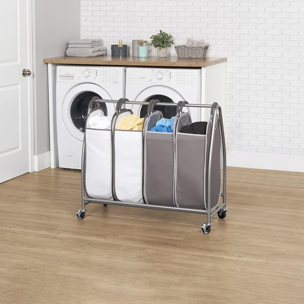 4 pocket laundry baskets with wheels - Rolling storage cart with 4 dirty laundry baskets -39 x 16 x 35 inches