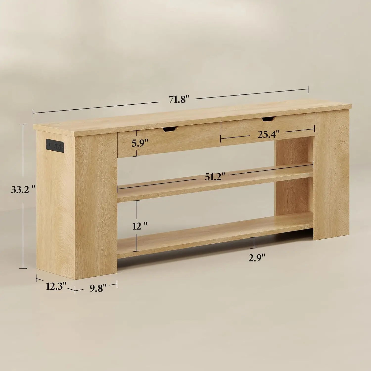 Extra Long Console Table with Drawers & Shelves, Built-in Outlets, Storage for Entryway Living Room, Natural Wood, Customized view 2