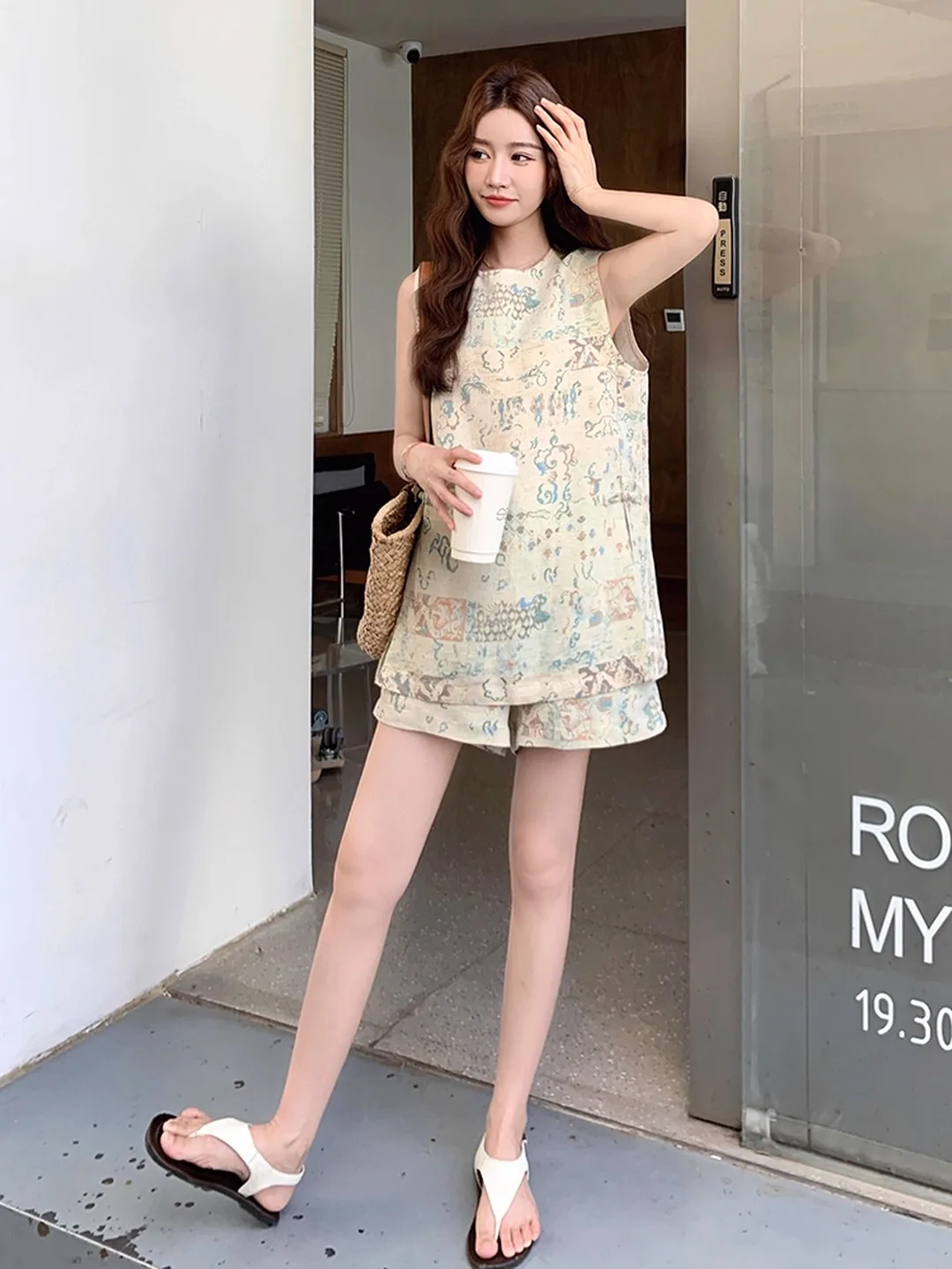Retro Chinese Sle Printed Side Button Set Women's Summer Design round Ne Svel Vest orts Two Piece Set