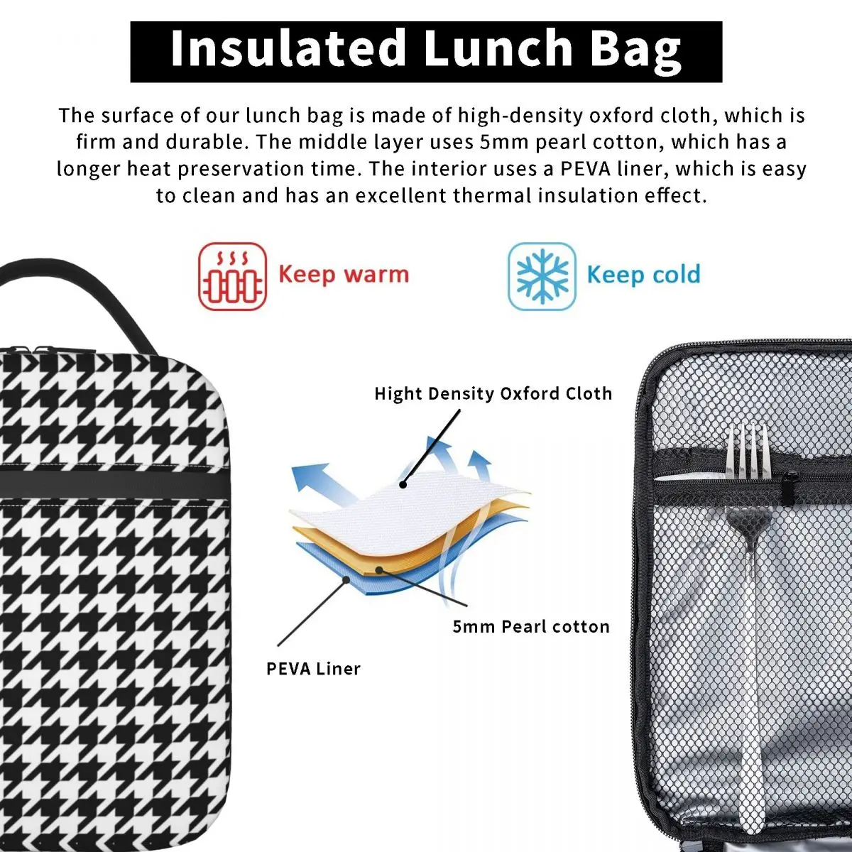 Modern Black White Houndstooth Insulated Lunch Bags for Outdoor Picnic Geometric Resuable Thermal Cooler Lunch Box Women Kids