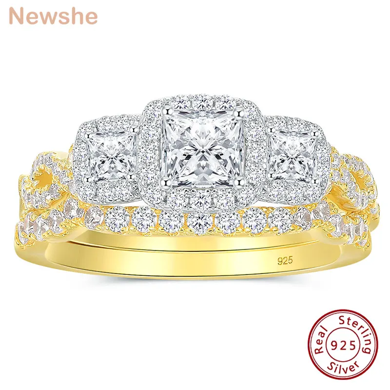 

Newshe 2 Pcs Yellow Gold Wedding Rings Bridal Set for Women 925 Sterling Silver Three Main Stone Princess Cut AAAAA Cubic Zircon