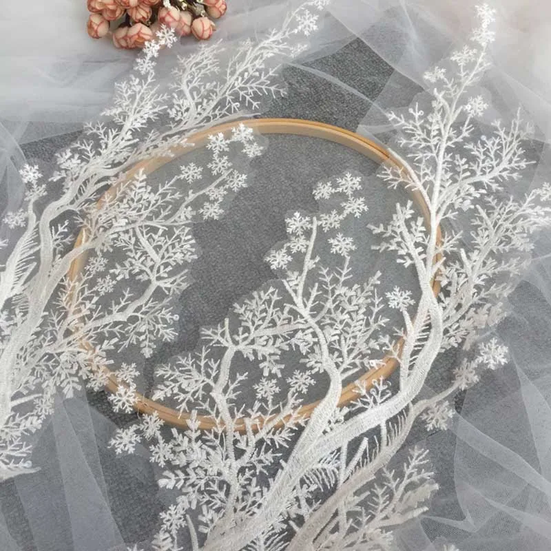 1Pc Flower Lace Applique Bridal Hair Flower Wedding Headpiece Cape Veil Patch Motif 48*18CM