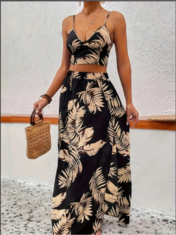 Elegant Deep V-neck Dress Women Summer Sleeveless Printed Vest Skirt Set Sexy High Slit Trend Dresses