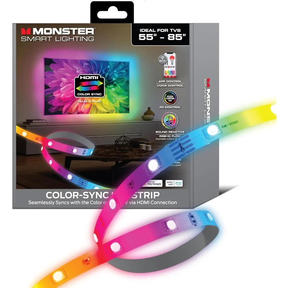 

Monster TV Backlight LED Light Strip with HDMI Color Sync Box for TVs up to 85” inch, Smart Wi-Fi RGB+IC Color Flow, Works with