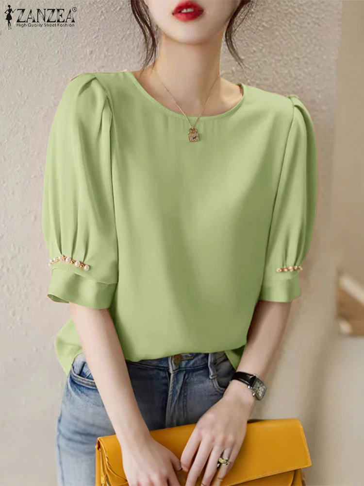 

Элегантные офисные атласные блузки 2025 ZANZEA, женские летние топы с коротким рукавом, однотонная туника, женская рабочая рубашка OL, повседневные блузки с круглым вырезом