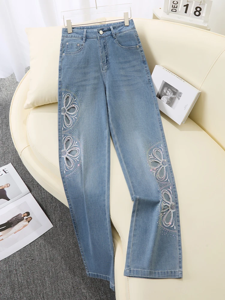 

Новые женские джинсы в китайском стиле с высокой талией, прямые, летние, тонкие, с вышивкой, ажурные, широкие брюки, повседневные, из смесового хлопка