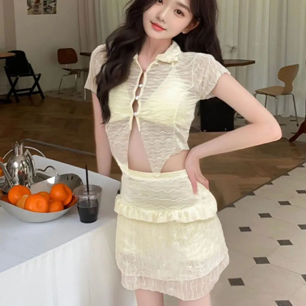 Traje de Baño de Tres Piezas, Ajustado, de Manga Corta, con Aberturas y Volantes, Bikini, Ropa de Playa, Transparente