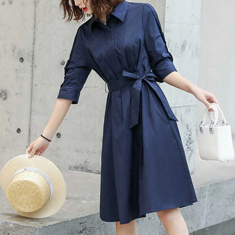 Spring Autumn Solid Elegant Fashion Chic Dress Women Half Sleeve Aesthetic Casual Vestidos De Fiesta Navy Blue Korean Robe Femme