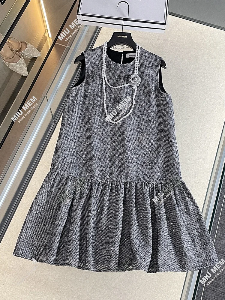 

South Oil High-End Women's Summer Pearl Chain Tweed Vest Dr Ele Commute Sle round Ne ort Skirt A-Line Dr