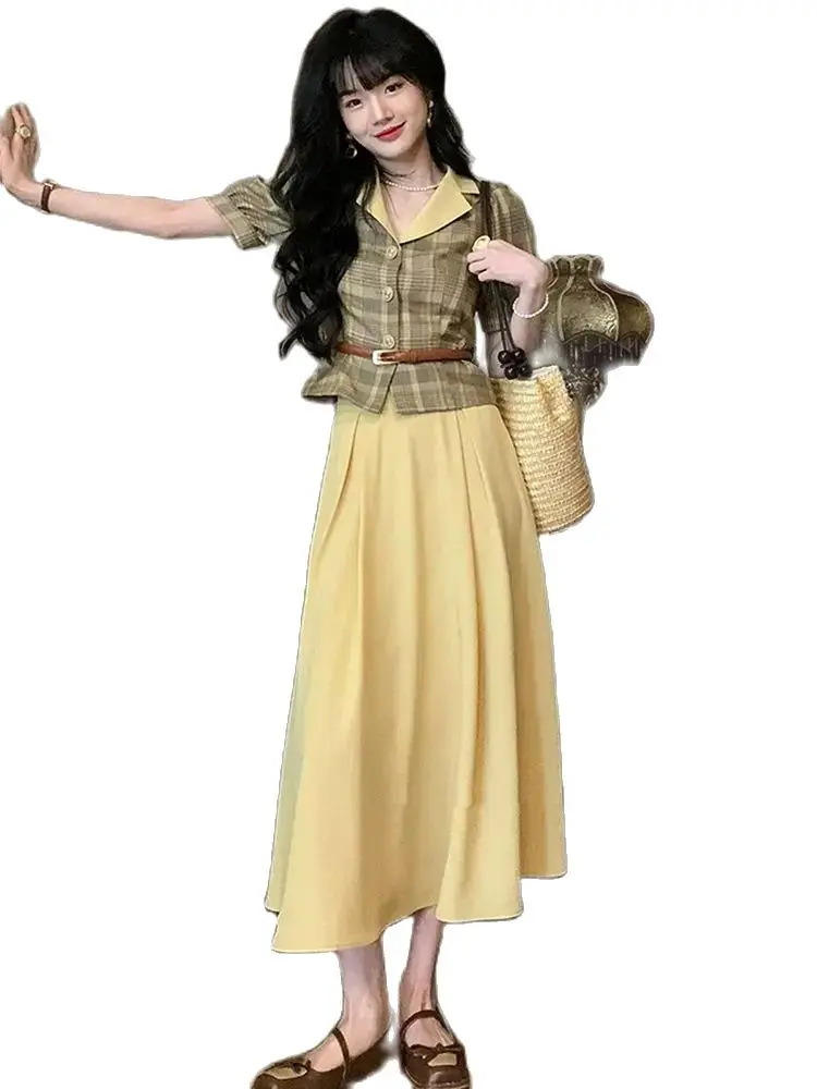 Korea Shirts Skirt Two Piece Set Women Retro Puff Sleeve Sweet All-Match Slim Cropped Daily Plaid Sexy Leisure