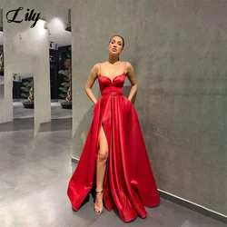 Lily Spaghetti Strap Red Prom Dress with Belt Side Split A Line فستان حفلات الزفاف V Neck Sleeveless Stain Wedding Darty Dresses