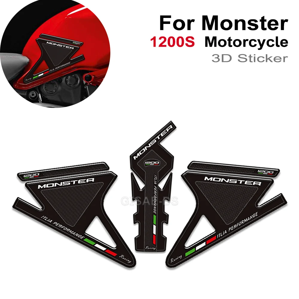 Autocollants de moto 3D pour DucSauMonster 1200 S R 1200 S, coussretours précieux, poignées, décalcomanies, gaz, mazout, kit de protection du genou, TankPad