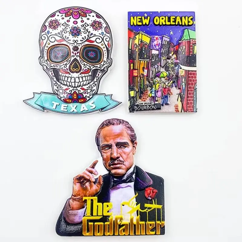 US Travel Souvenir Fridge Magnet, Texas Sugar Skull, New Orleans Bourbon Street, Godfather Resin Refrigerator Magnets Home Decor