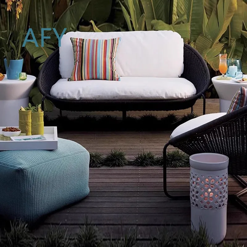 Outdoor Wicker Sofa for Garden Patio Balcony Indoor Outdoor Use Rope Weave Lounge Chair Set for Single Double Seater Lazy