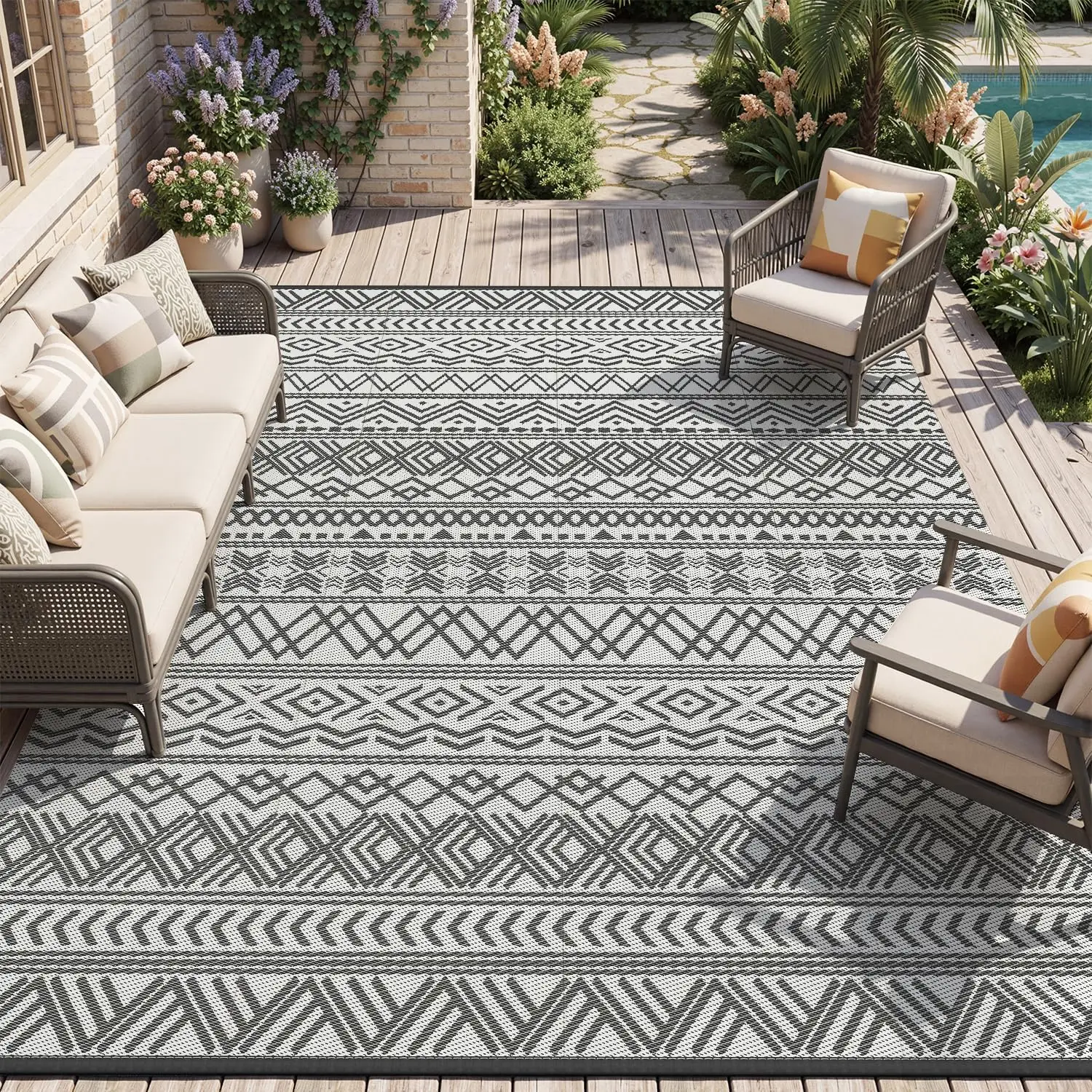 Outdoor Camping Rugs 9X12 - 屋外用防水ラグカーペット 9x12 リバーシブル プラスチックストローフロアマット ボヘミアン幾何学模様 パティオラグ