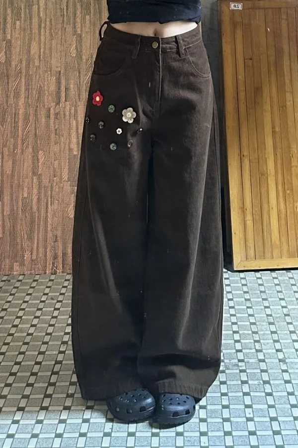 

Gagarich Flower Button Straight Leg Workwear Jeans Women Autumn High Waisted Trendy Brand Retro Design Slimming Casual Pants