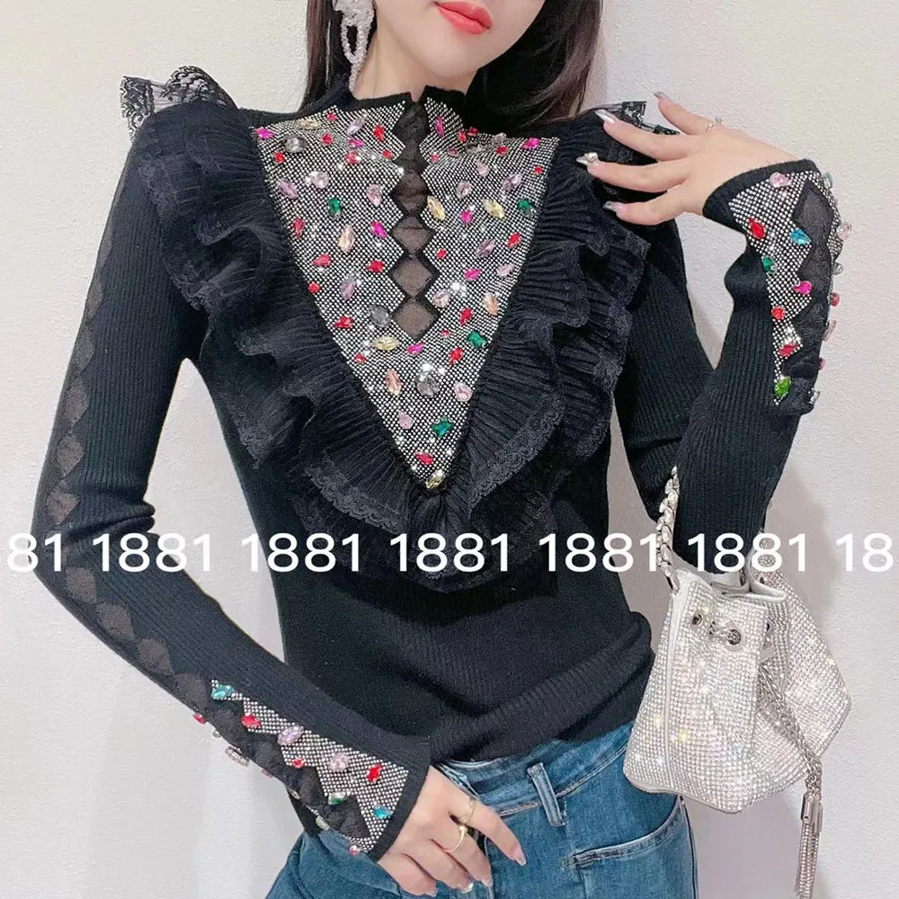 Women Colorful Diamonds Beaded Knitted Bottoming Shirts Lace Ruffles Crystal Pullovers Rhinestones Sweater Jumpers Tops Sueter