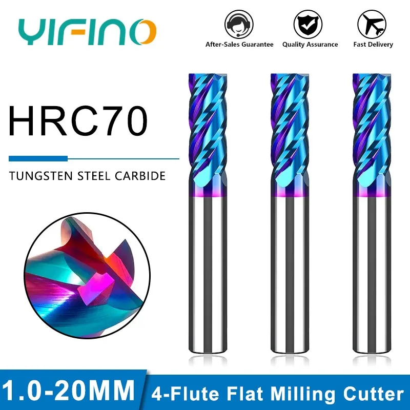 YIFINO HRC70 4-Flute Blue Nano Coating Milling Cutter Tungsten Steel Carbide Flat End Mill For CNC Machining Endmill Tools