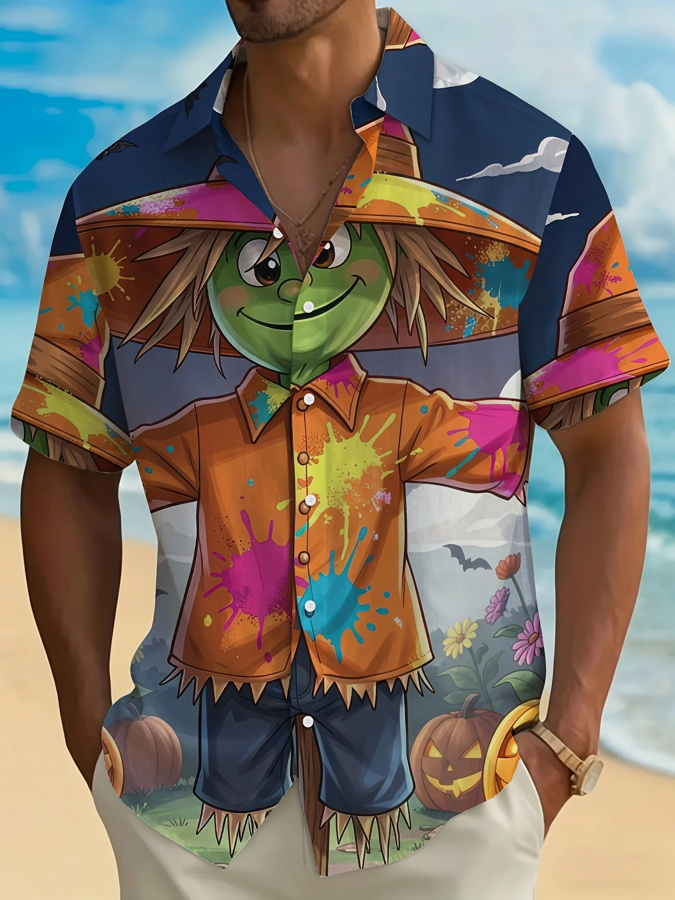 Men Halloween Cartoon Scarecrow Pumpkin Bat Print Short Sleeve Shirt Lapel Collar Button‑Up Polyester Party Blouse