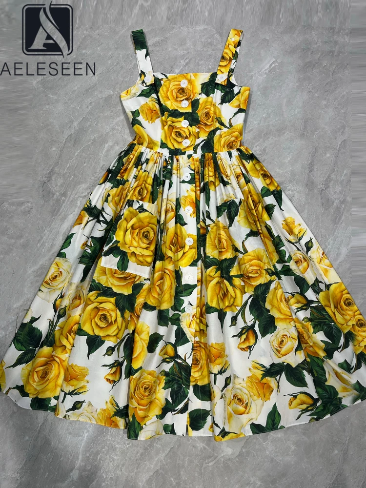 

AELESEEN 100% Cotton Summer Dress Women's Spaghetti Strap Design Fashion Single-breasted Yellow Flower Print Elegant Long Party