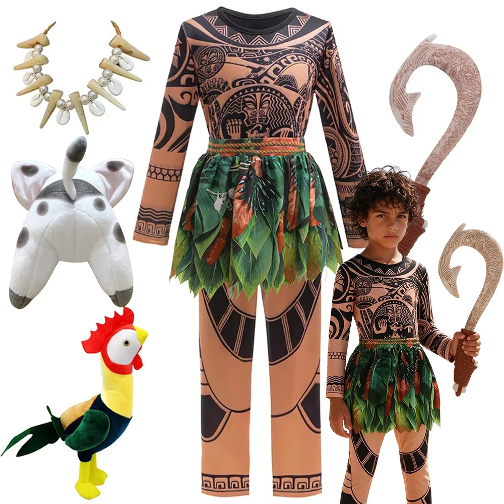 Moana Character Maui Clothes Tattoo Pants Boys Costume Kids Cosplay Birthday Carnival Performance Fish Hook Knife Outfits 2-10Y