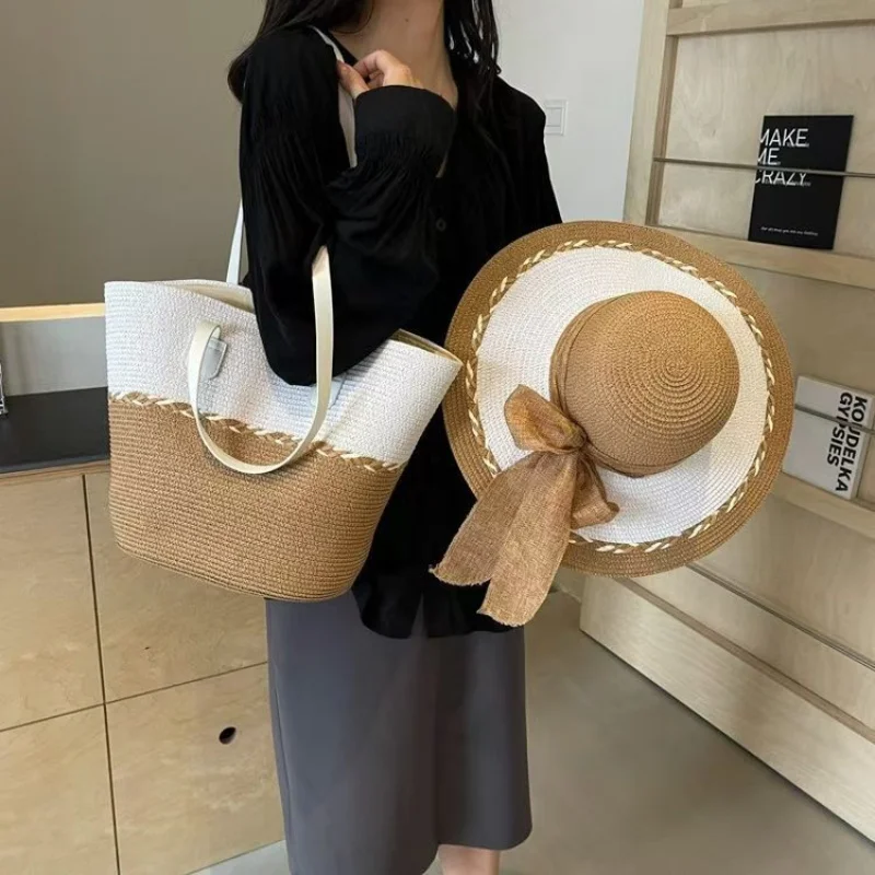 

2pcs Beach Hat Woven Bag + Hat Set Resort Beach Bag Summer Hat for Women Straw Hat Bucket Hat Women