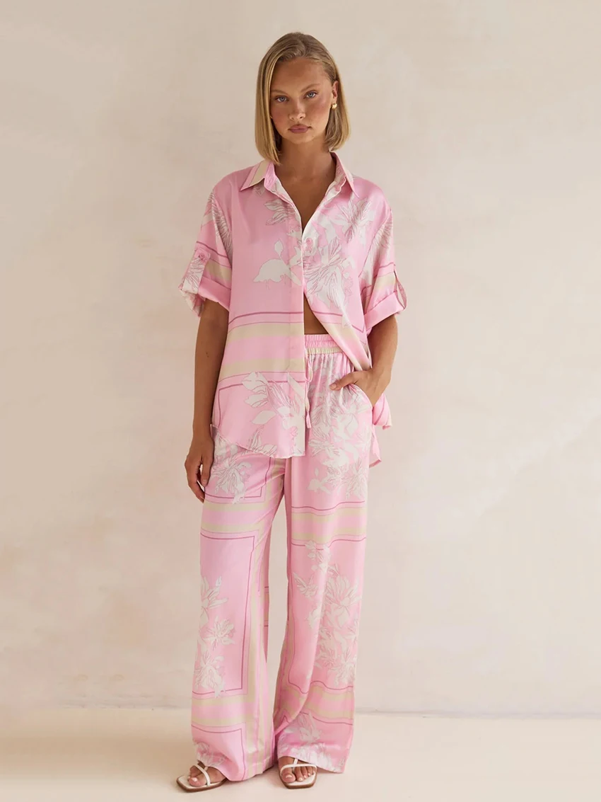 Marthaqiqi Printing Women Pajamas 2 Piece Suit Short Sleeve Sleepwear Turn-Down Collar Nightgown Pants Casual Ladies Nightie Set