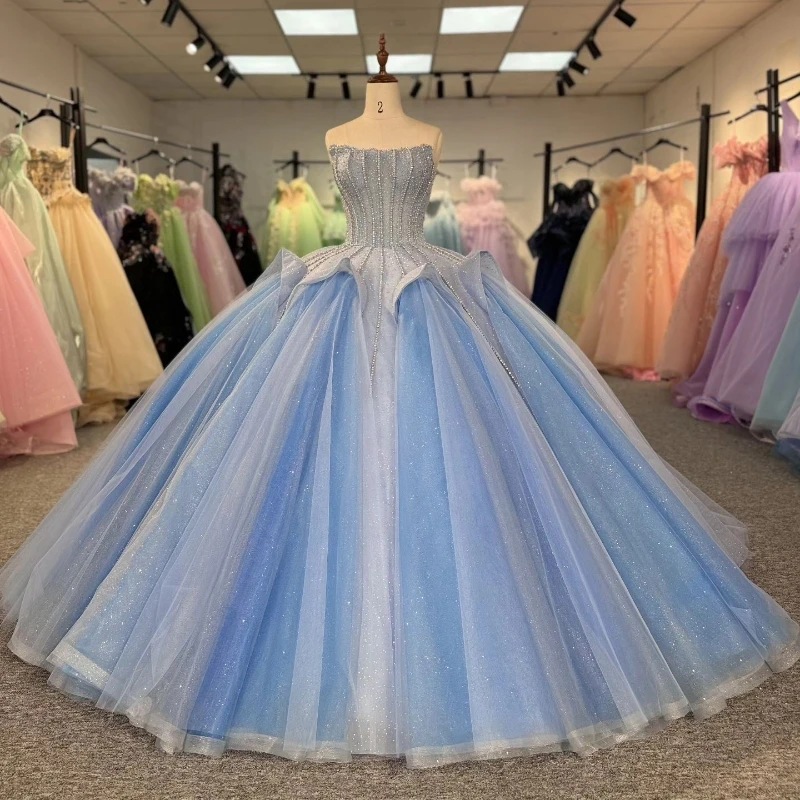 

Sky Blue Shiny Quinceanera Dresses Ball Gown Sweetheart Beading Crystal Tull Lace-Up Backless Party Princess Sweet 16 Dress Vest