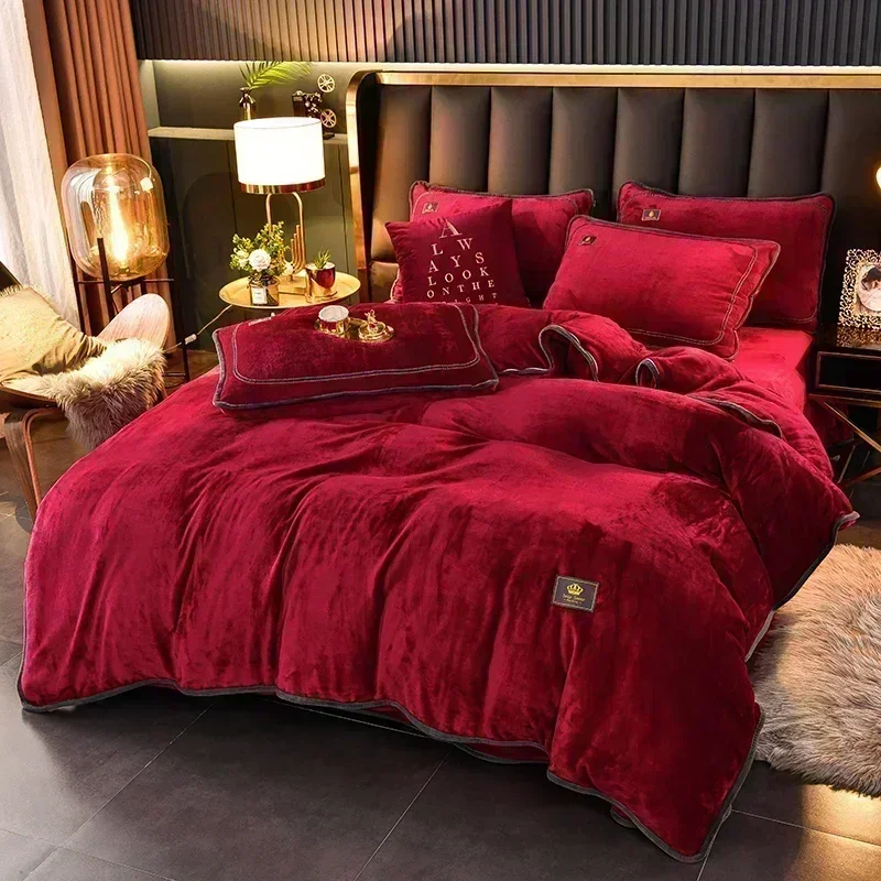 High-end Milk Velvet Autumn Winter Warm Duvet Cover Set with Bed Sheet Quilt Cover and Pillowcases Warmth Cozy Bedding Set Quee