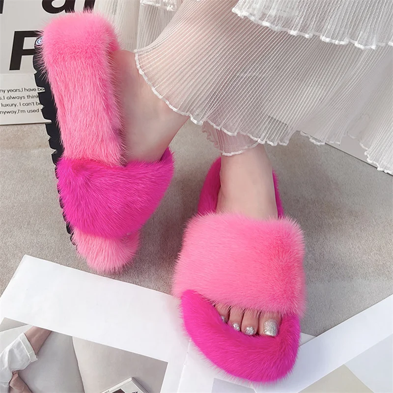 

Luxury Fur Slippers Women's 2022 Summer Thick Sole Non-Slip Sandals 100% Mink Flip Flop Fashion Home Slippers