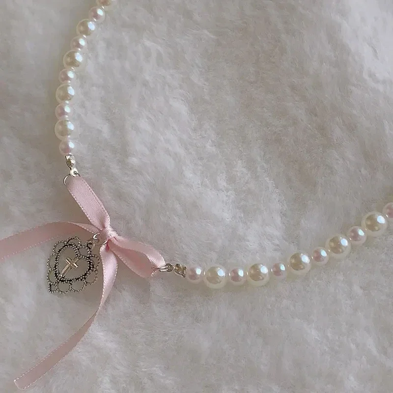 

Bow Love Cross Imitation Pearl Pendant Necklace for Women French Romantic Sweet Lolita Clavicle Chain Harajuku Fashion Jewelry