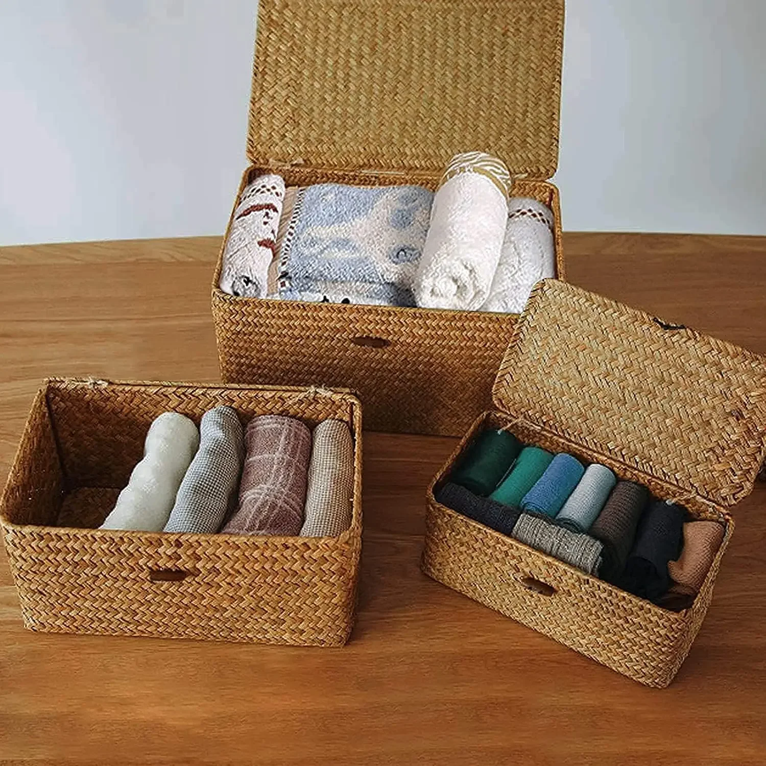 Shelf Baskets with Lid Set of 3 Handwoven Seagrass Storage Box Wicker Basket Desktop Makeup Organizer Multipurpose Container