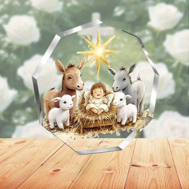 Donkey and Sheep Nativity Scene Acrylic Sign, 3.94x3.94in Polygonal Plaque for Christmas Thanksgiving Halloween Gift