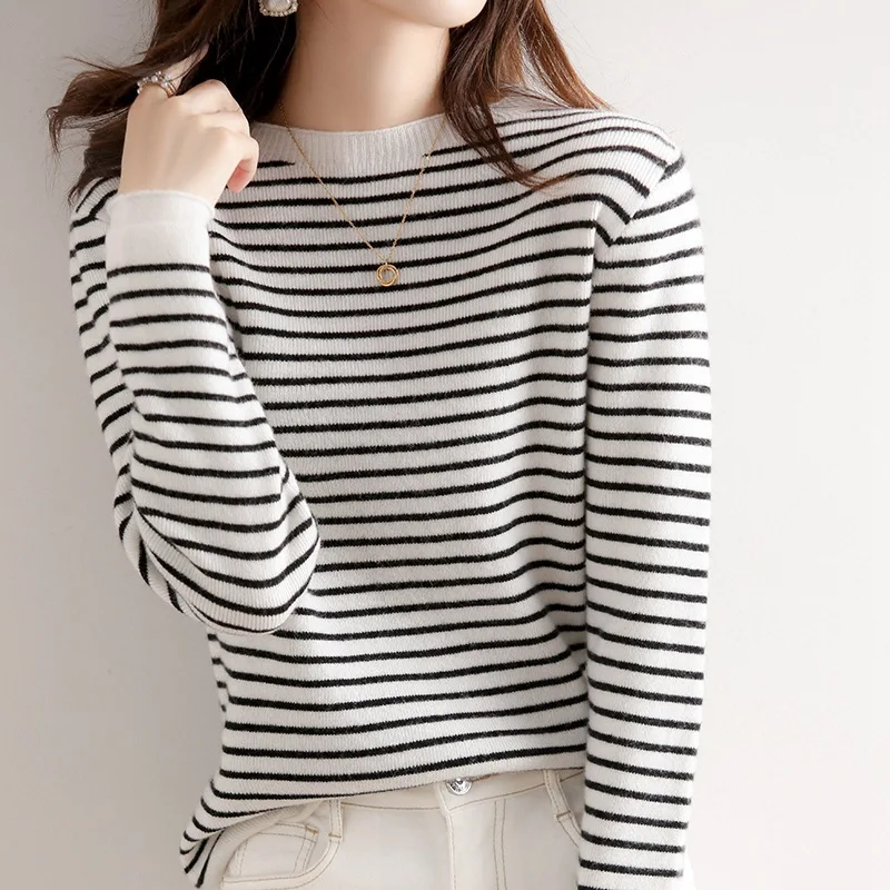 

Women O-Neck Striped Sweater Harajuku Winter Retro Women's Thick Slim Stretch Warm Tops 2022 Autumn Knitted Pullover