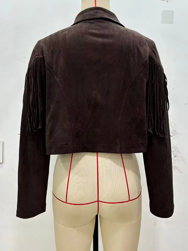 HH المرأة شتاء موضة جديدة الصلبة بدوره إلى أسفل طوق طويلة الأكمام شرابة الديكور معطف الإناث شارع العليا سترات قصيرة غير رسمية