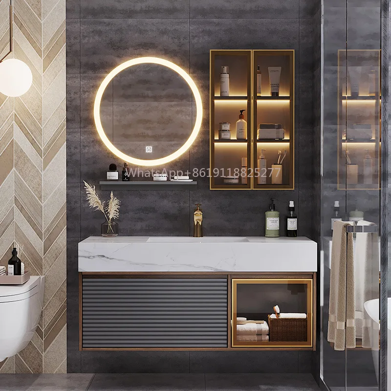 Évier avec lumières LED intelligentes, miroir de luxe, série gris doré, vanité de salle de bain en gros, ark double