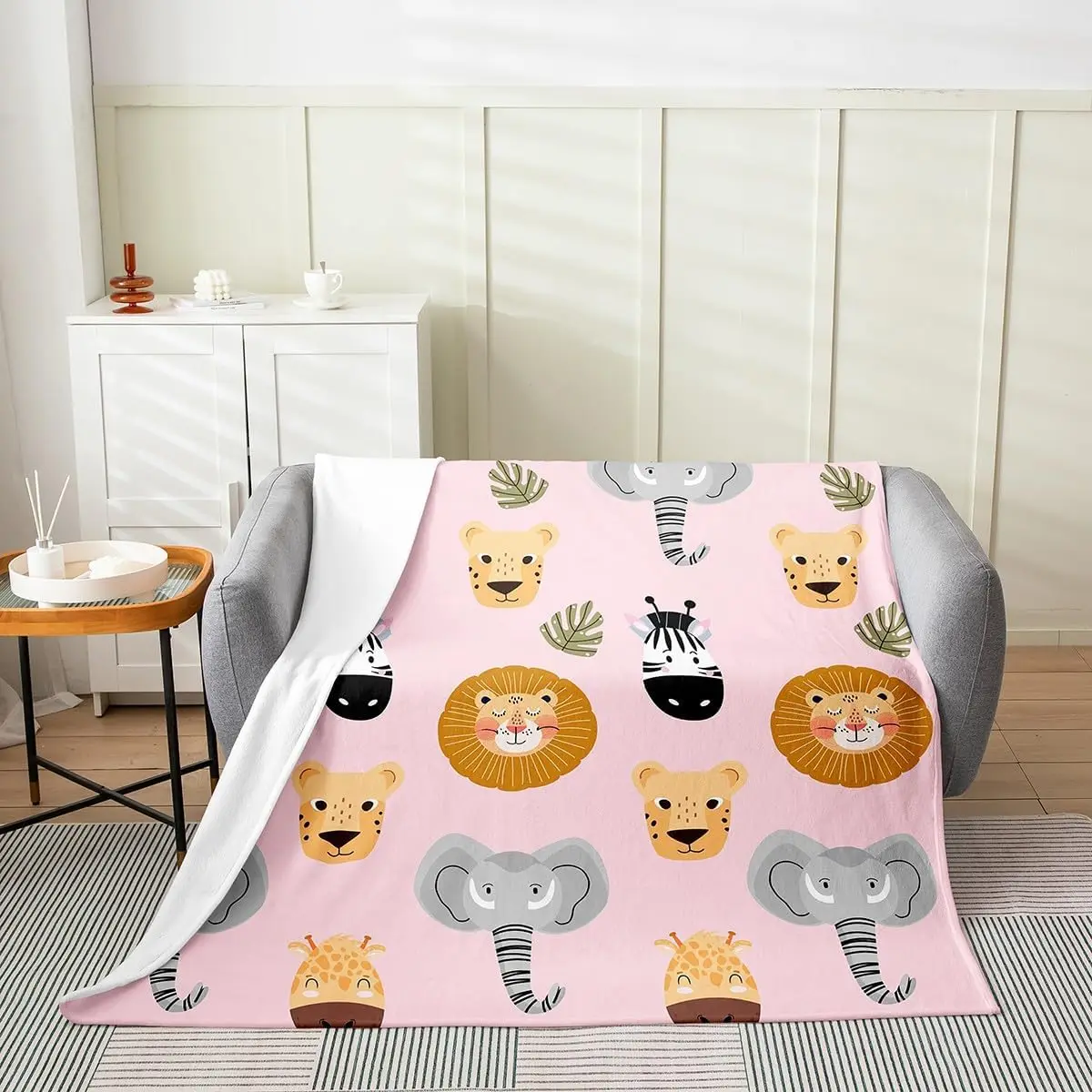 Kids Zoo Animal Flannel Fleece Throw Blanket Cute Lion Elephant Zebra Fuzzy Blanket for Sofa Couch Cartoon Animal Blue Season