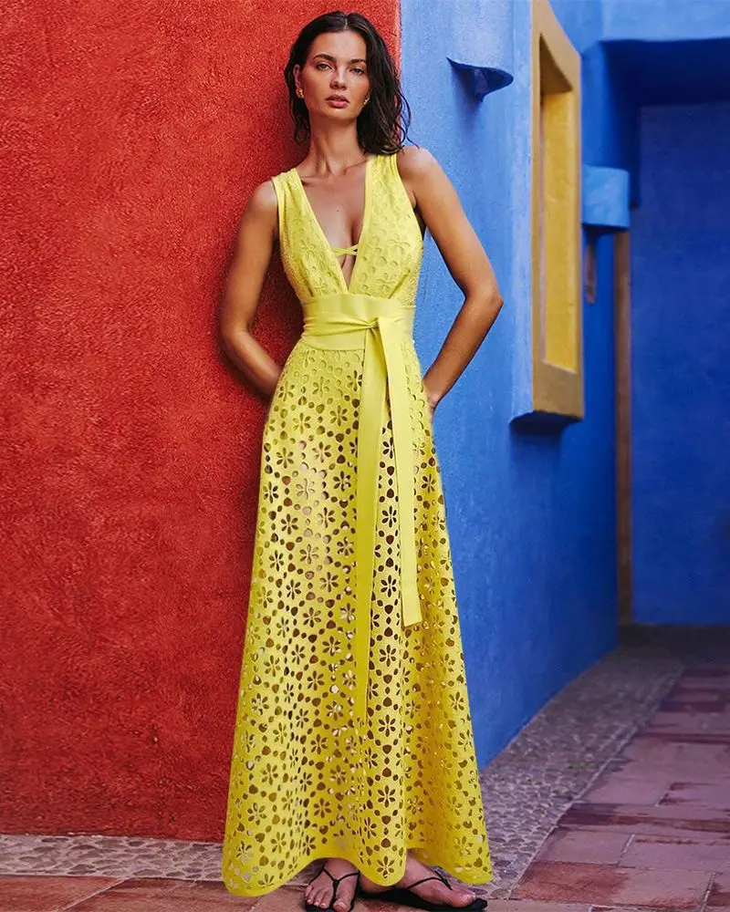 ツーピース水着 2025 セクシー イエロー ビキニ レディース 無地 カバーアップ ディープVネック 水着 ホローアウト モノキニ ロングスカート 水着