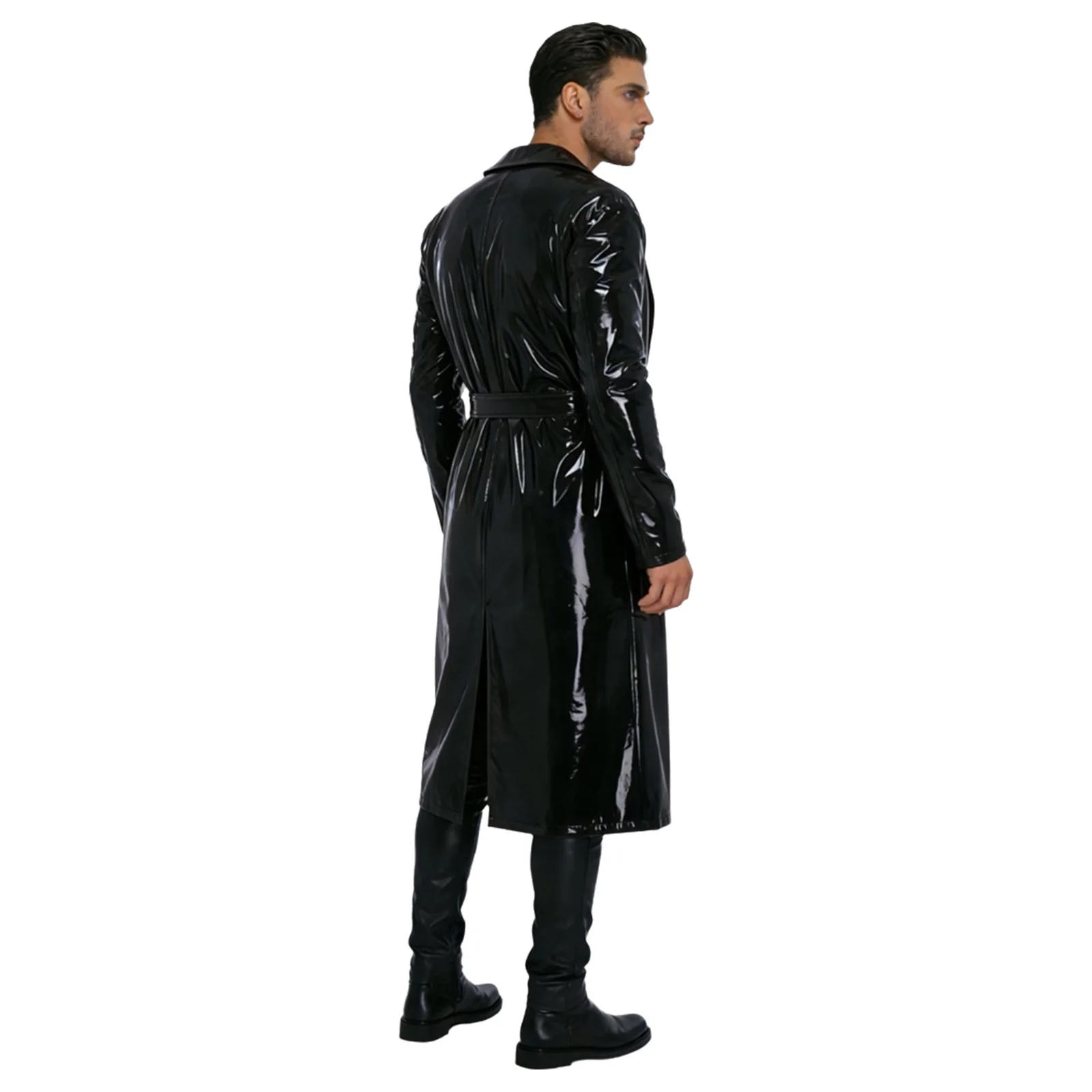 Mens Wet Look PU Leather Long Trench Blazer Jackets Lapel Open Front Long Coat with Belt for Casual Life Streetwear Clubwear