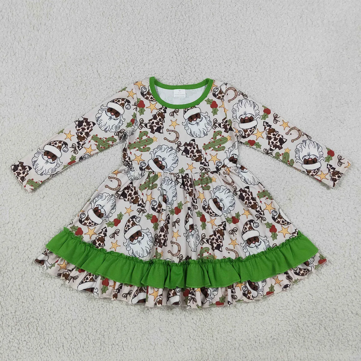 Baby Girl Cute Dress Clothes Christmas Western Kids Children Long Sleeve Santa Cactus Ruffle Twirl Knee Length Dresses Wholesale