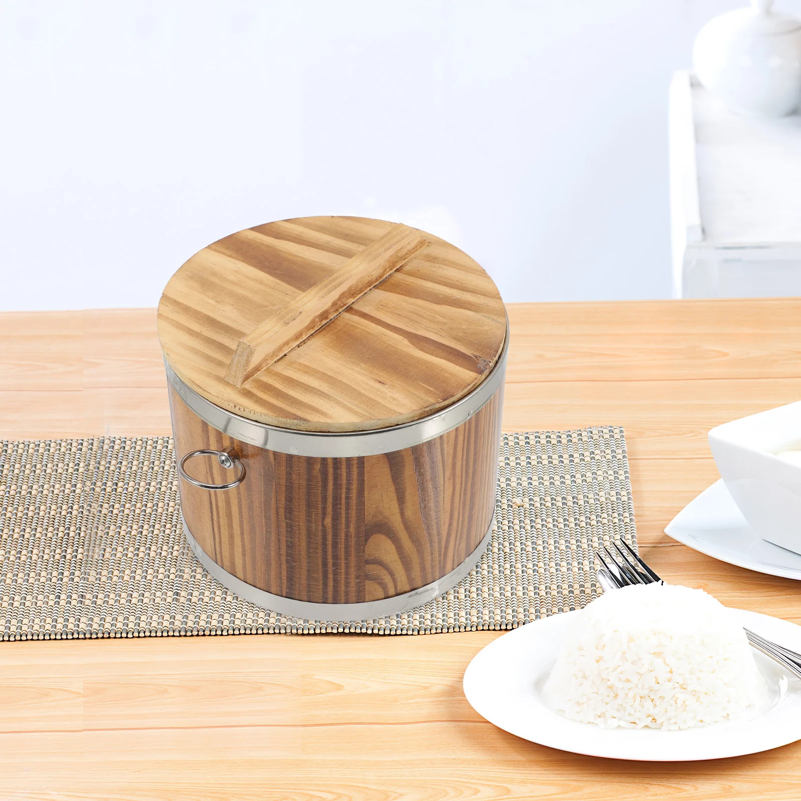 

Rice Steamed Bucket Stainless Steel Wooden Large Capacity Kitchen Bowl Premium Quality Food Storage Container